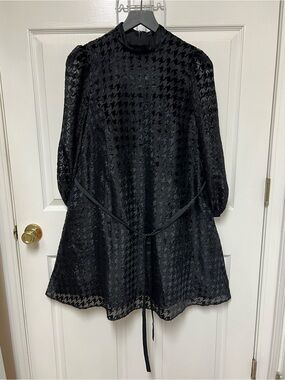 Ann Taylor Black Houndstooth Long Sleeve Sheer Mini Dress